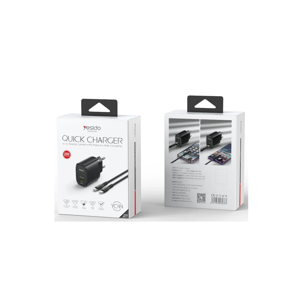 Yesido YC44 20W Type-C 20W Lightning Çıkışlı ve 1M 27W Type-C to Lightning Kablolu PD Şarj Cihazı - Siyah