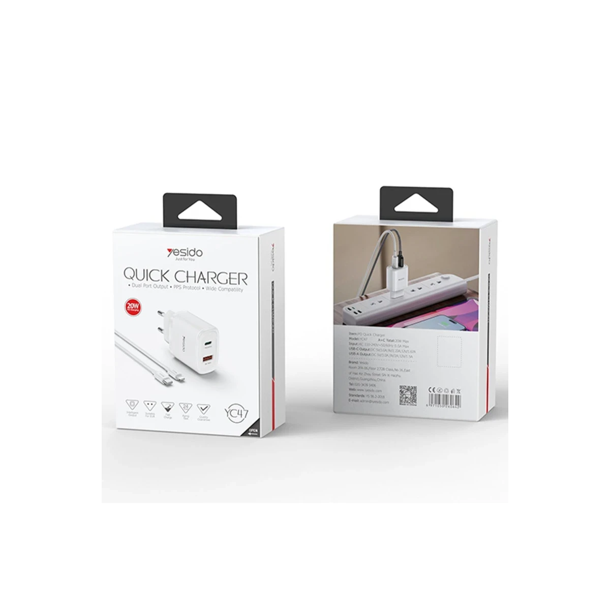 Yesido YC47 1 Adet 20W Type-C / 1 Adet 18W USB Çıkışlı ve 1M 60W Type-C to Type-C Kablolu PD Hızlı Şarj Cihazı - Siyah