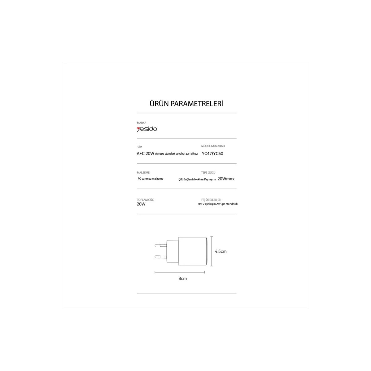 Yesido YC50 20W Type-C / 18W Usb Çıkışlı ve 1M 60W Type-C to Type-C Kablolu PD Şarj Cihazı - Siyah