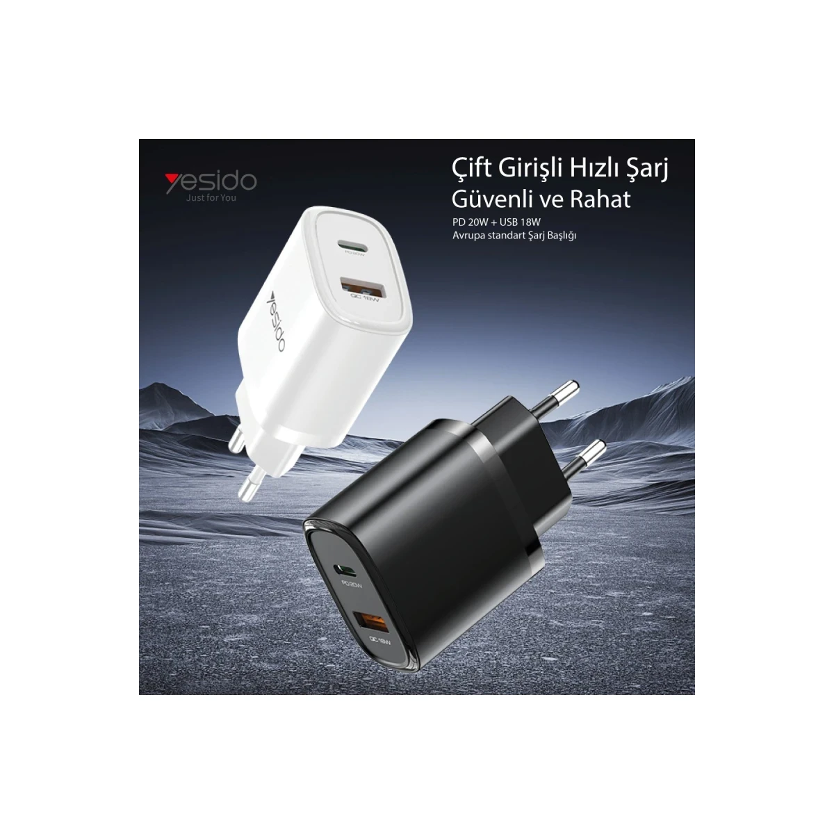 Yesido YC50 20W Type-C / 18W Usb Çıkışlı ve 1M 60W Type-C to Type-C Kablolu PD Şarj Cihazı - Siyah