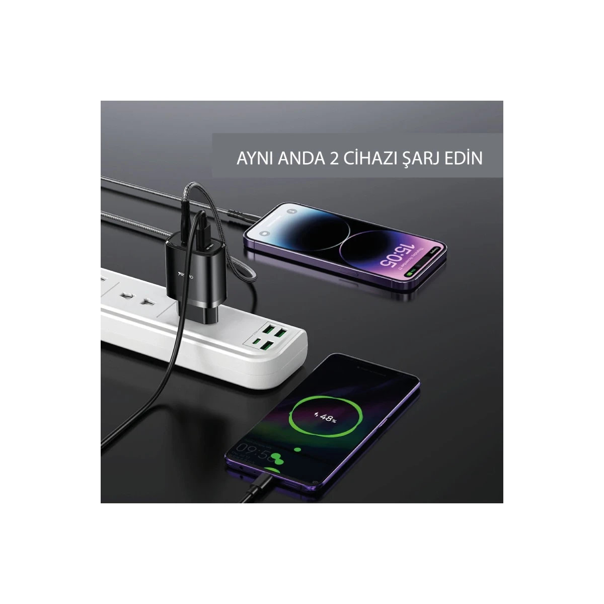 Yesido YC50 20W Type-C / 18W Usb Çıkışlı ve 1M 60W Type-C to Type-C Kablolu PD Şarj Cihazı - Siyah