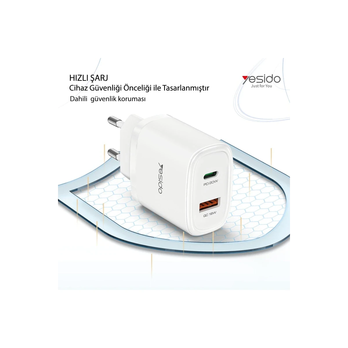 Yesido YC50 20W Type-C / 18W Usb Çıkışlı ve 1M 60W Type-C to Type-C Kablolu PD Şarj Cihazı - Siyah