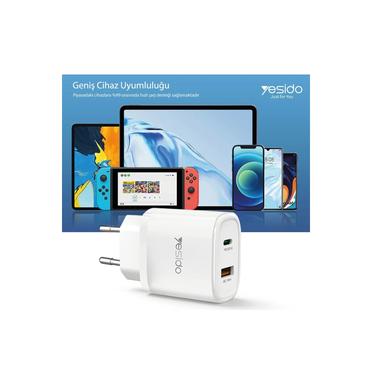 Yesido YC50 20W Type-C / 18W Usb Çıkışlı ve 1M 60W Type-C to Type-C Kablolu PD Şarj Cihazı - Siyah