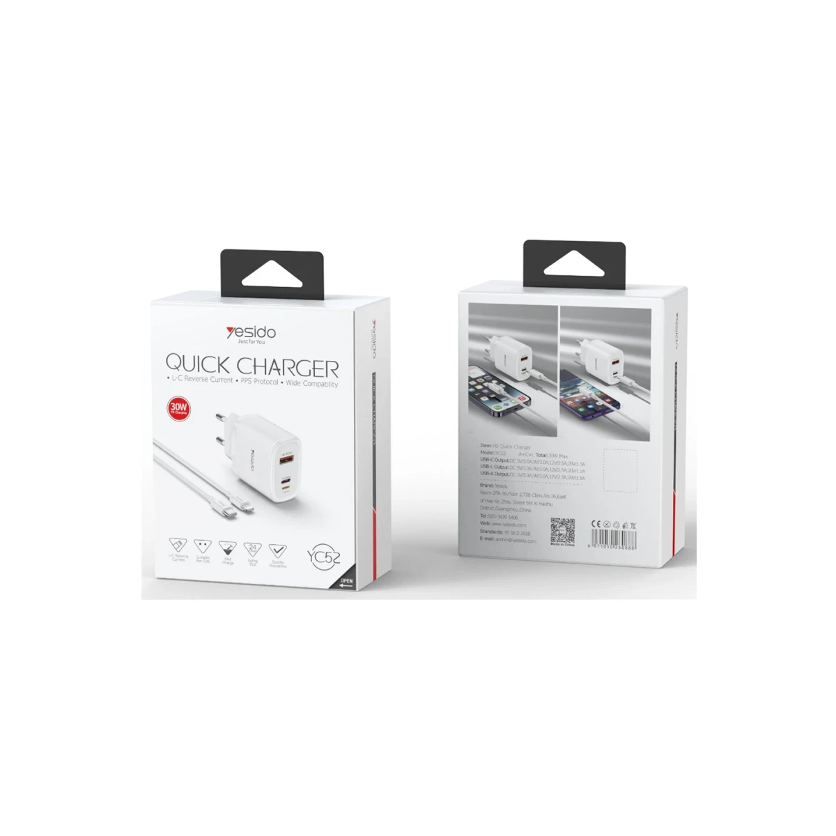 Yesido YC52 1 Adet 30W Type-C 1 Adet 30W Lightning 1 Adet 30W Usb Çıkışlı ve 1M 27W Type-C to Lightning Kablolu PD Şarj Cihazı - Beyaz