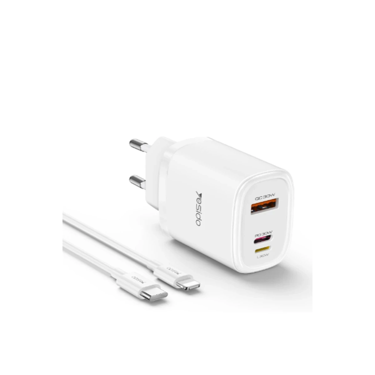 Yesido YC52 1 Adet 30W Type-C 1 Adet 30W Lightning 1 Adet 30W Usb Çıkışlı ve 1M 27W Type-C to Lightning Kablolu PD Şarj Cihazı - Beyaz