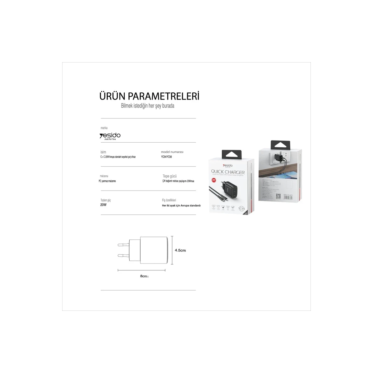 Yesido YC54 2 Adet 20W Type-C Çıkışlı ve 1M 27W Type-C to Lightning Kablolu PD Şarj Cihazı - Siyah