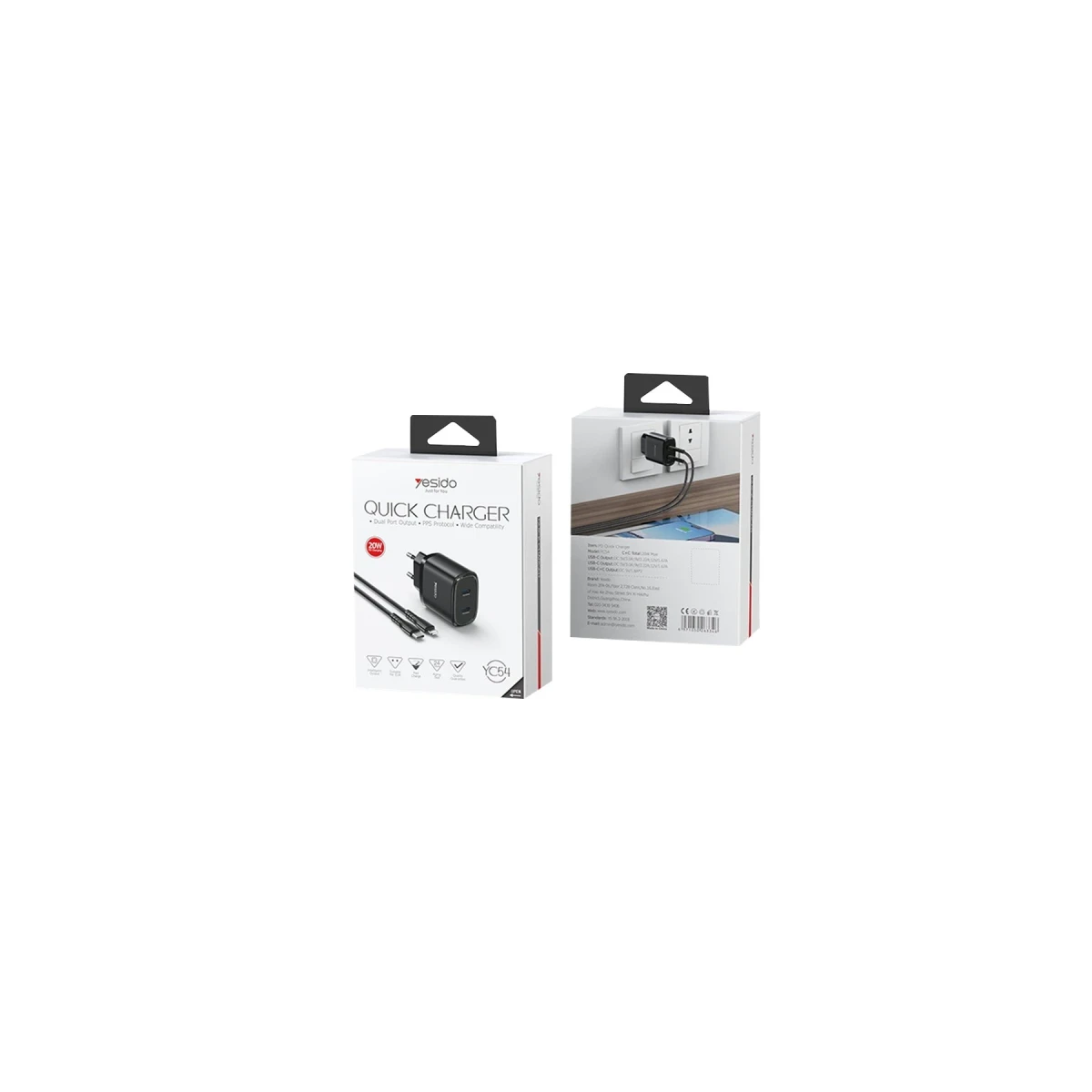 Yesido YC54 2 Adet 20W Type-C Çıkışlı ve 1M 27W Type-C to Lightning Kablolu PD Şarj Cihazı - Siyah