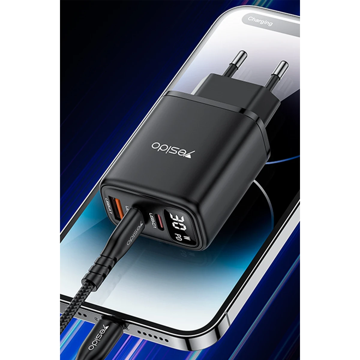 Yesido YC69 Dijital Göstergeli 1 Adet 30W USB ve 2 Adet 30W Type-C Çıkışlı PD Hızlı Şarj Cihazı - Siyah