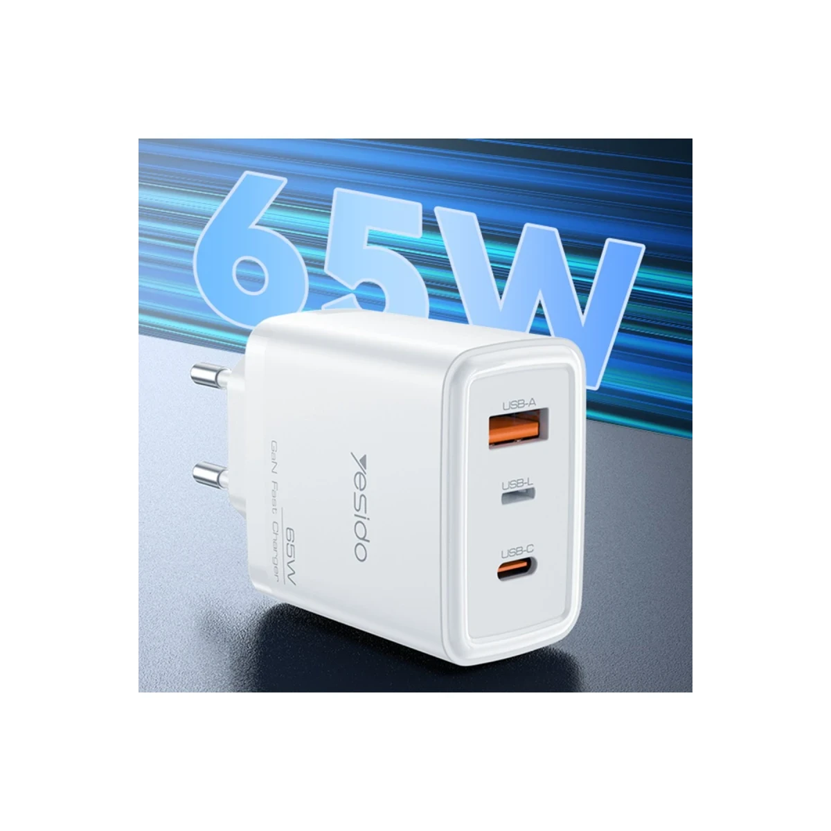 Yesido YC70 1 Adet 65W Type-C / 1 Adet 30W USB ve 1 Adet 45W Lightning Çıkışlı Ekstra 2M Type-C to Ligtning Kablolu GAN Hızlı Şarj Cihazı - Beyaz