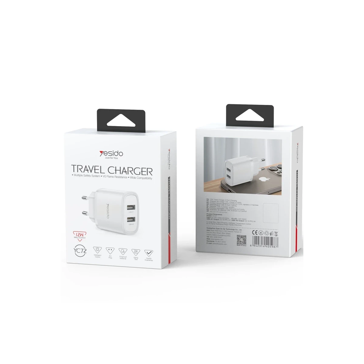 Yesido YC72 2 Adet 12W USB Çıkışlı Hızlı Şarj Cihazı - Beyaz