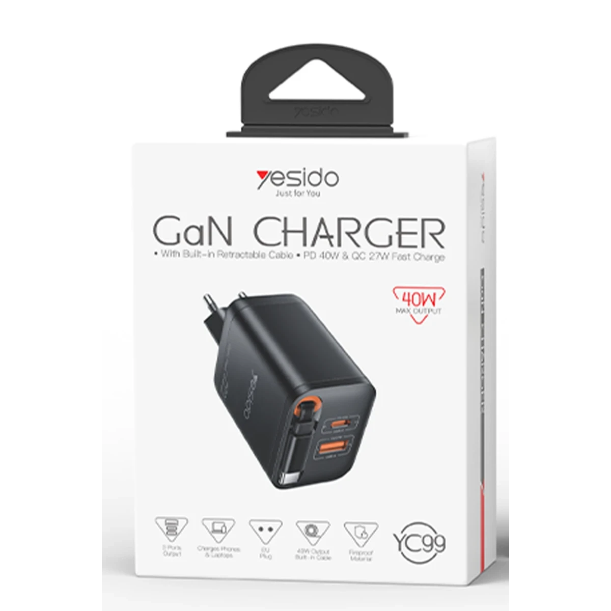 Yesido YC99 Dahili Type-C Kablolu 40W PD Hızlı Şarj Cihazı - Siyah