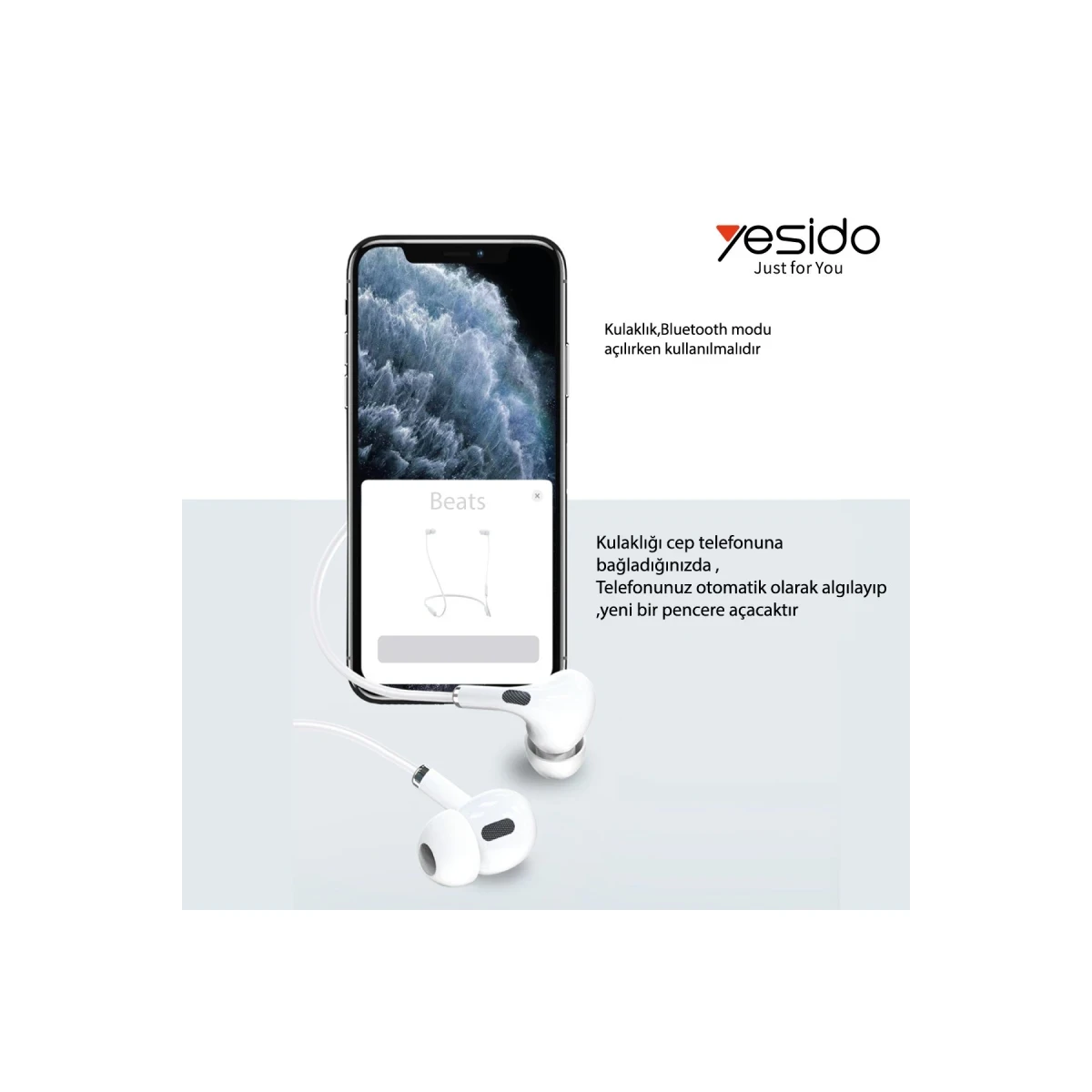 Yesido YH34 1.2M Yüksek Baslı Lightning Bluetooth Kablolu Kulaklık - Beyaz