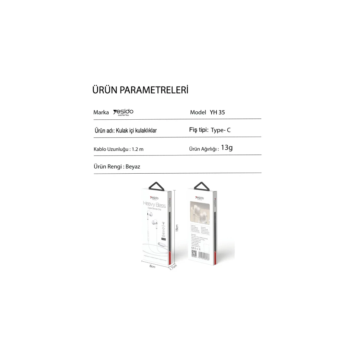 Yesido YH35 1.2M Yüksek Baslı Type-C Kablolu Kulaklık - Beyaz