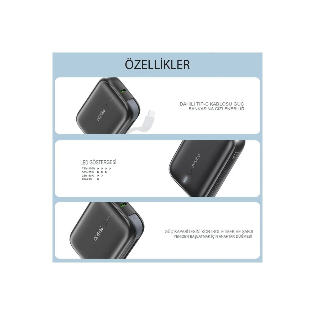 Yesido YP18 10.000 mAh USB3.0 PD Hızlı Şarj Powerbank - Siyah
