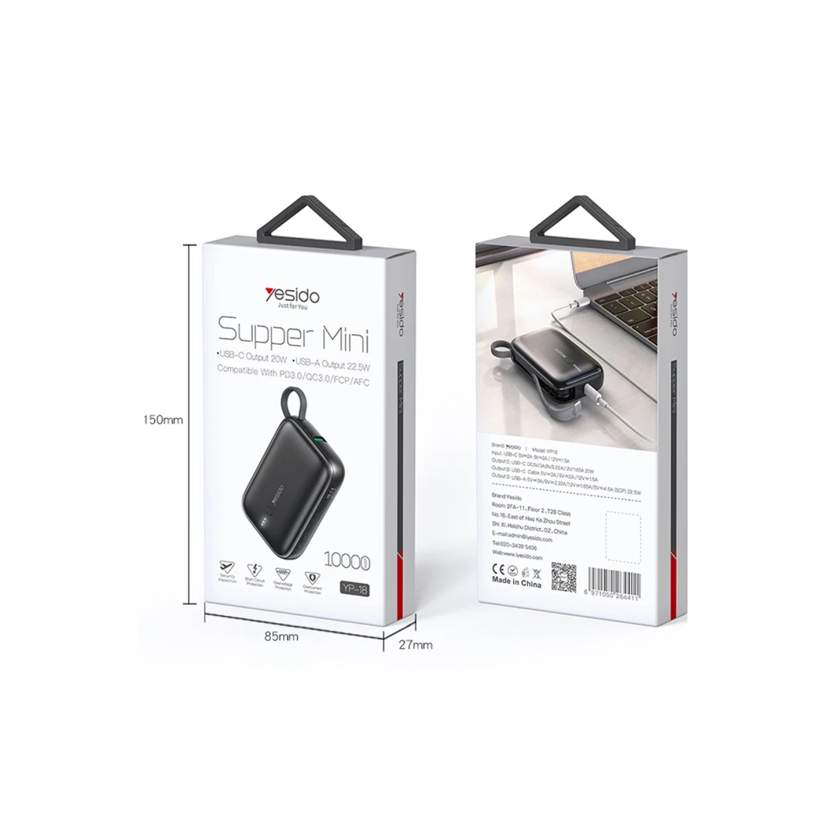 Yesido YP18 10.000 mAh USB3.0 PD Hızlı Şarj Powerbank - Siyah