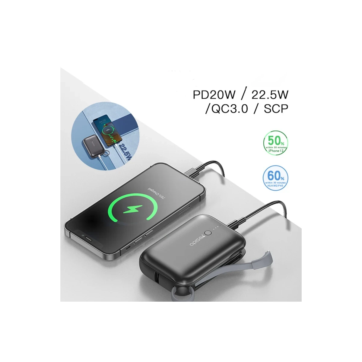 Yesido YP18 10.000 mAh USB3.0 PD Hızlı Şarj Powerbank - Siyah