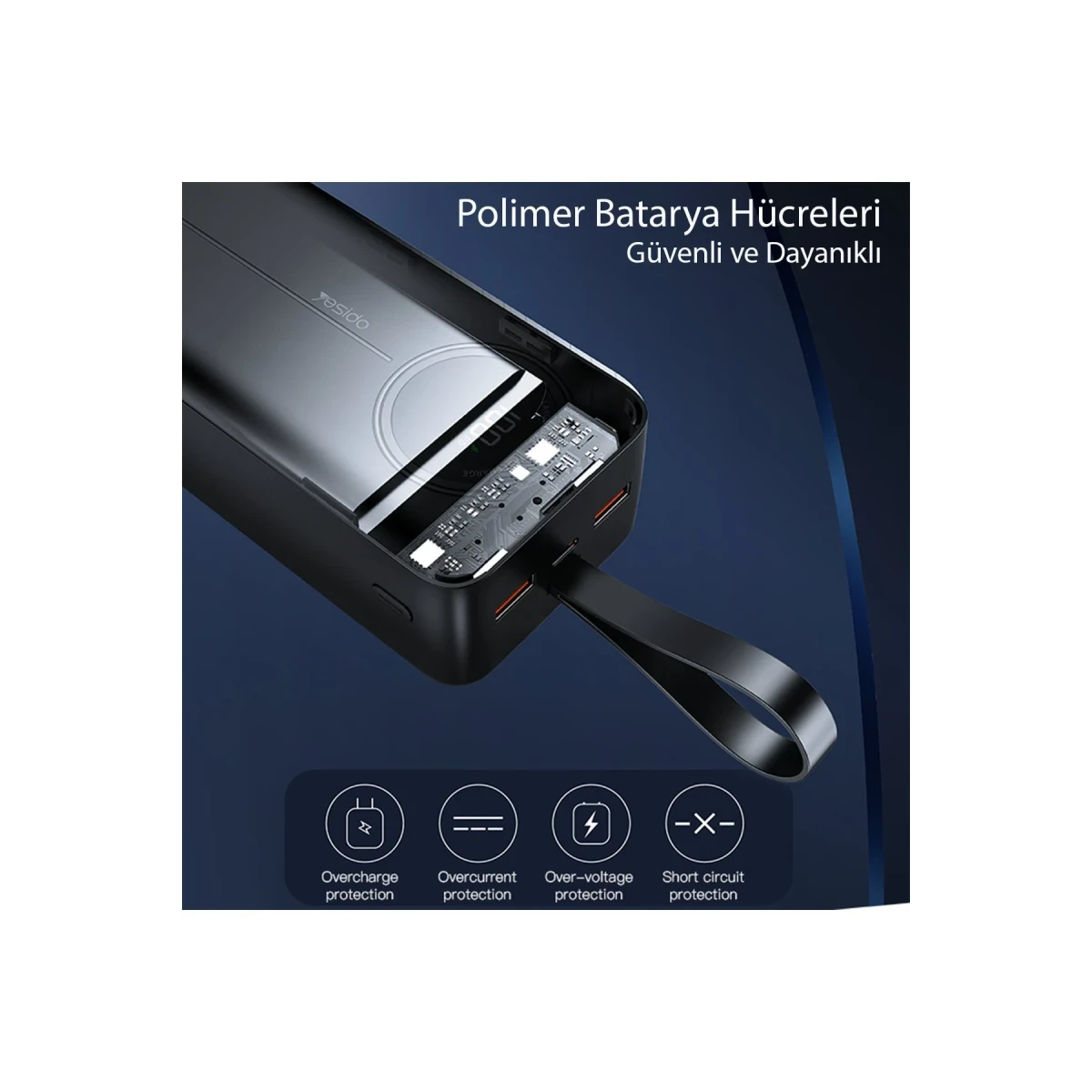 Yesido YP44 50.000 mAh Dijital Göstergeli USB3.0 PD Hızlı Şarj Powerbank - Siyah
