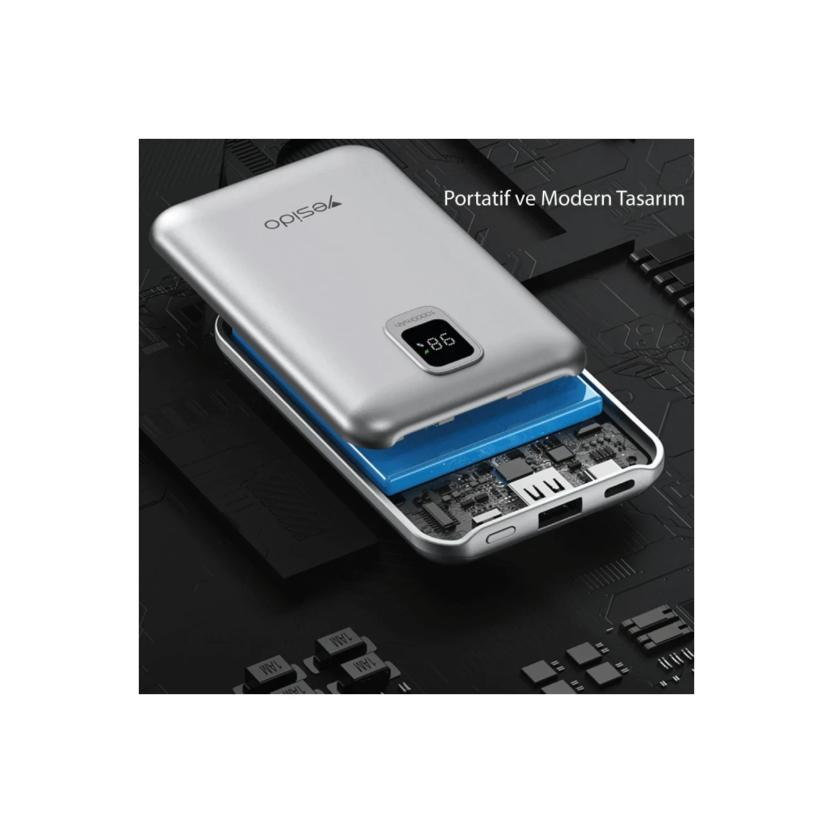 Yesido YP48 10.000 mAh 22.5W Dijital Göstergeli USB3.0 PD Hızlı Şarj Powerbank - Siyah