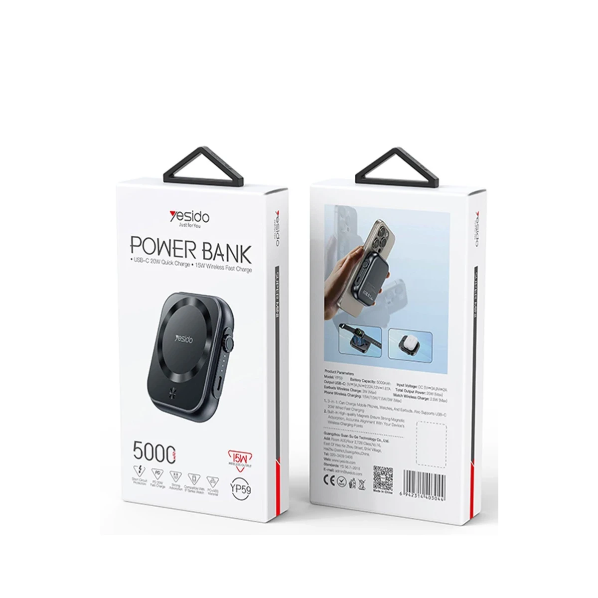 Yesido YP59 5.000 mAh 3in1 20W Type-C Çıkışlı 15W Kablosuz Şarj 3W Kulaklık Şarj ve 2.5W Saat Şarj Destekli PD Hızlı Şarj Magsafe Powerbank - Siyah