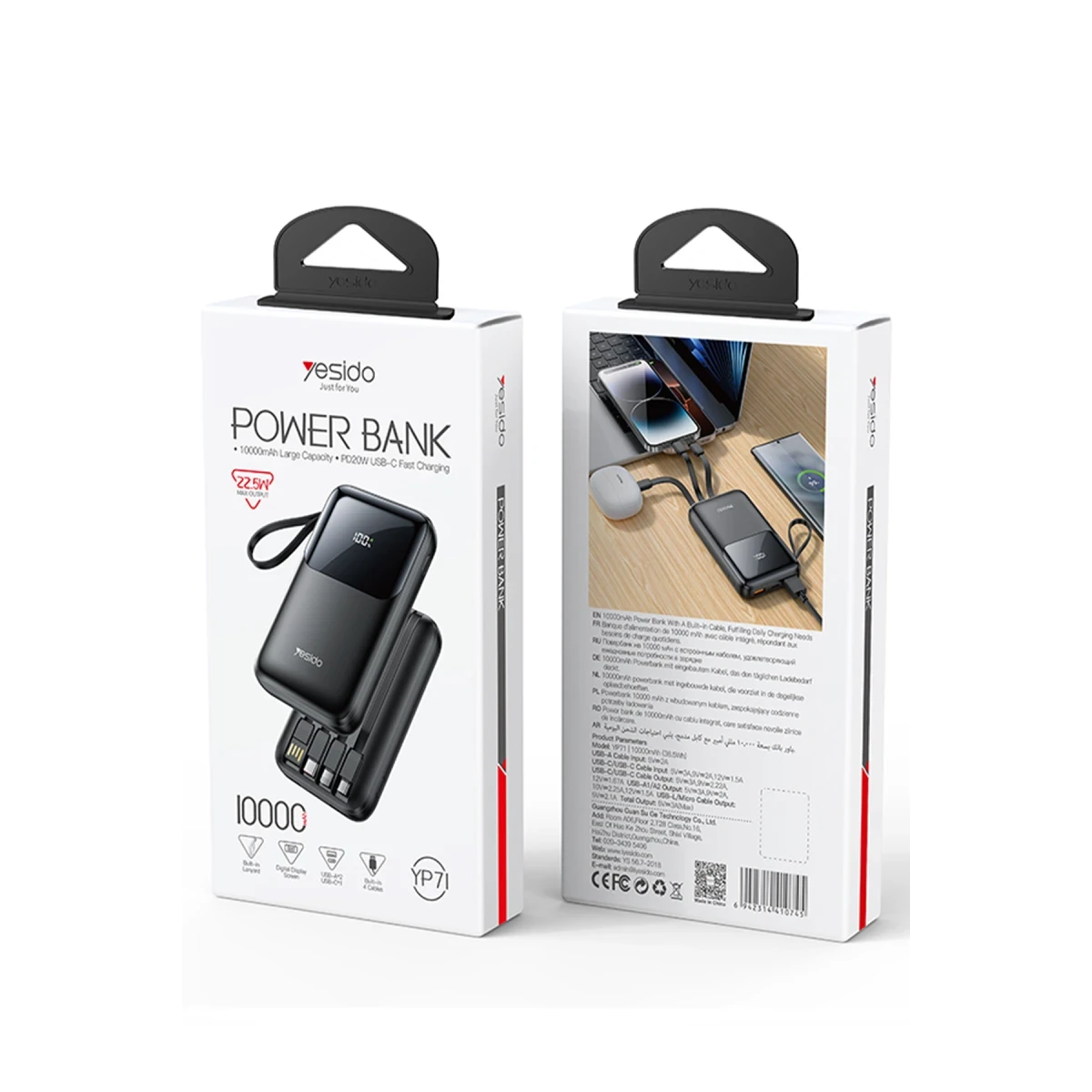 Yesido YP71 Dijital Göstergeli 10.000 mAh 6in1 22.5W PD Hızlı Şarj Powerbank - Siyah