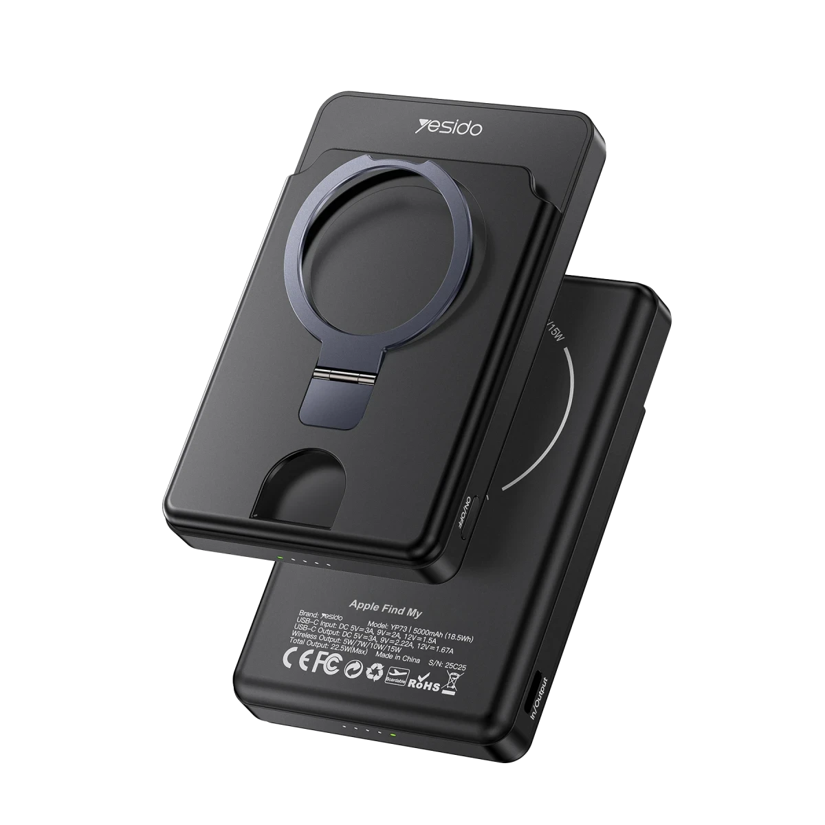 Yesido YP73 Apple Beni Bul Özellikli 5.000 mAh Kablosuz Magsafe Powerbank - Siyah