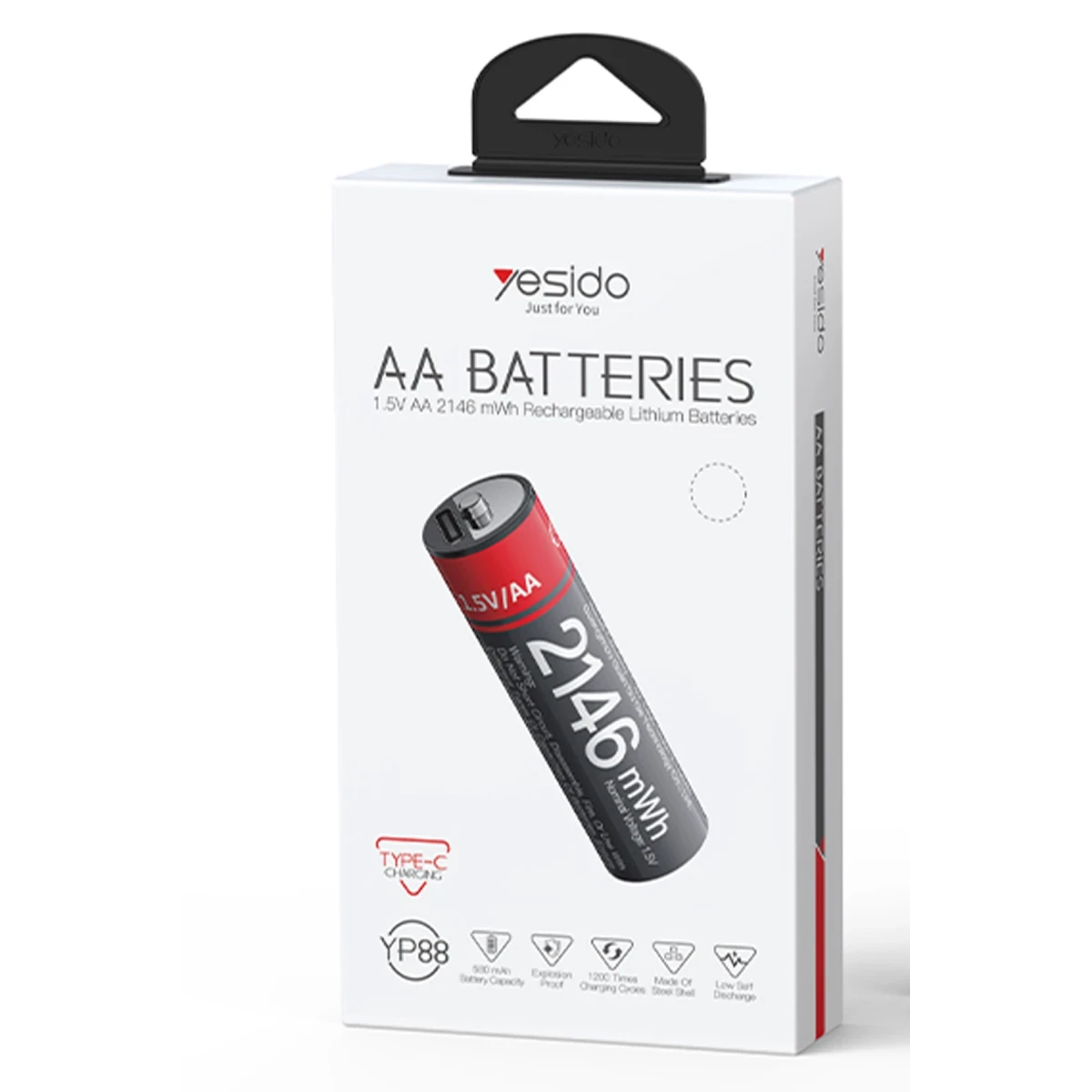 Yesido YP88 4 Adet Şarj Edilebilir Yüksek Verimli 1430 mAh 1.5V AA Pil - Siyah