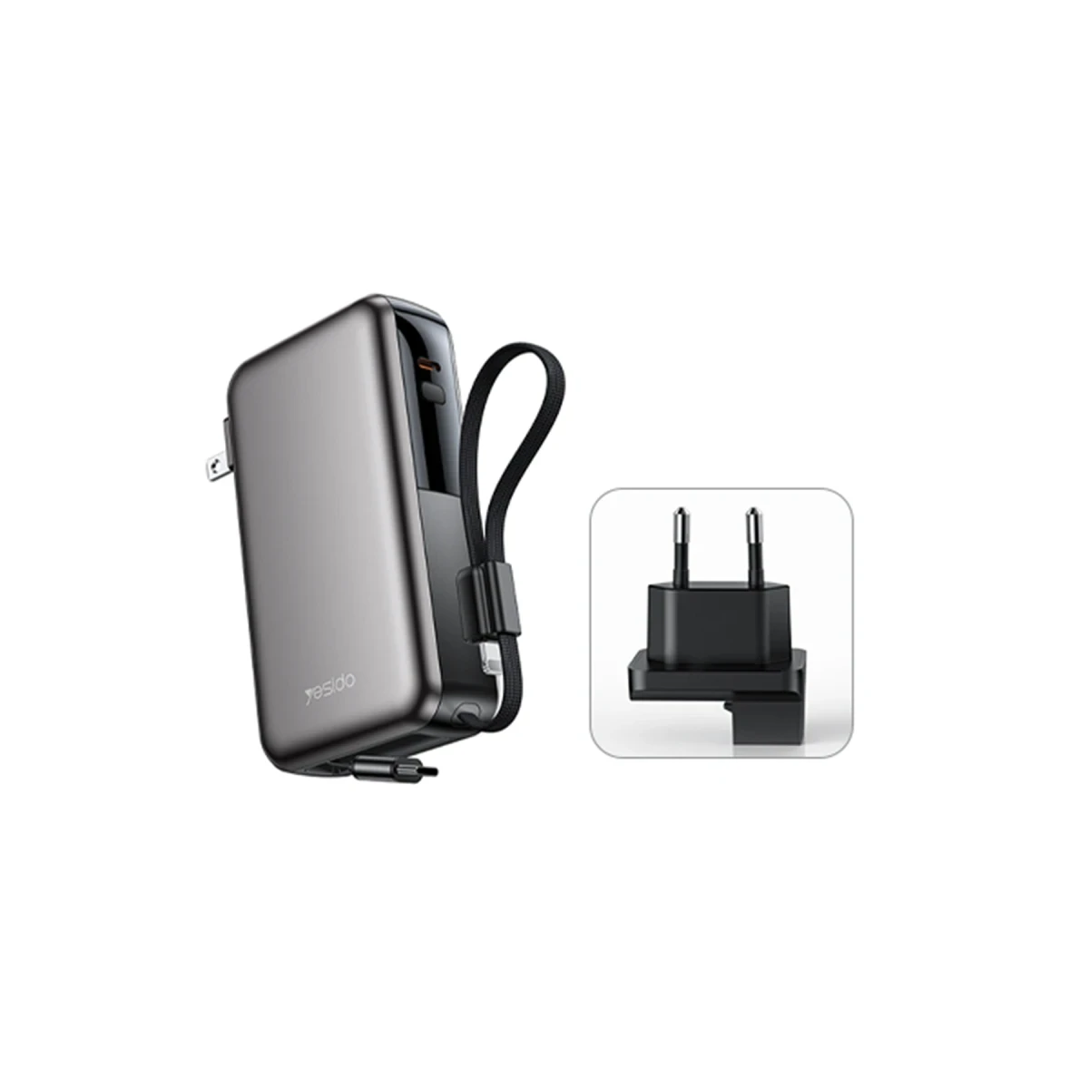 Yesido YP90E Dijital Göstergeli 10.000 mAh 22.5W PD Hızlı Şarj Destekli Dahili Type C ve Lightning Kablolu 5in1 Powerbank - Siyah