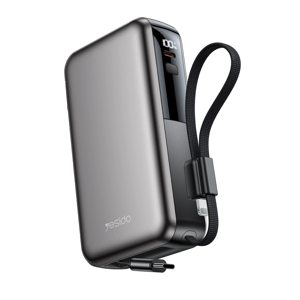 Yesido YP90E Dijital Göstergeli 10.000 mAh 22.5W PD Hızlı Şarj Destekli Dahili Type C ve Lightning Kablolu 5in1 Powerbank - Siyah