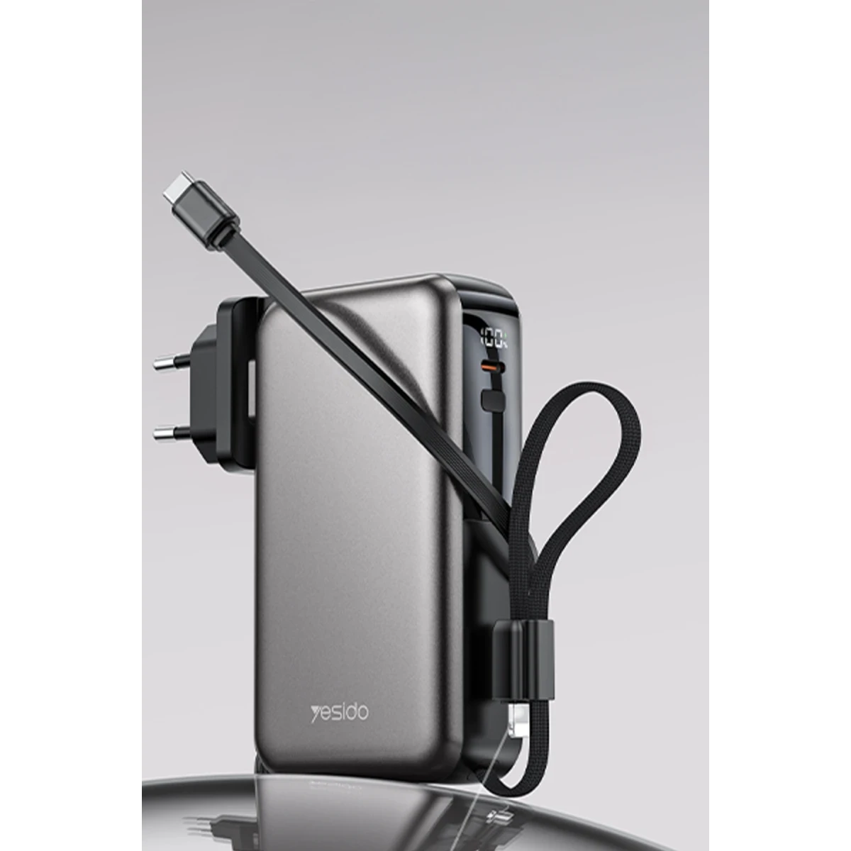 Yesido YP90E Dijital Göstergeli 10.000 mAh 22.5W PD Hızlı Şarj Destekli Dahili Type C ve Lightning Kablolu 5in1 Powerbank - Siyah