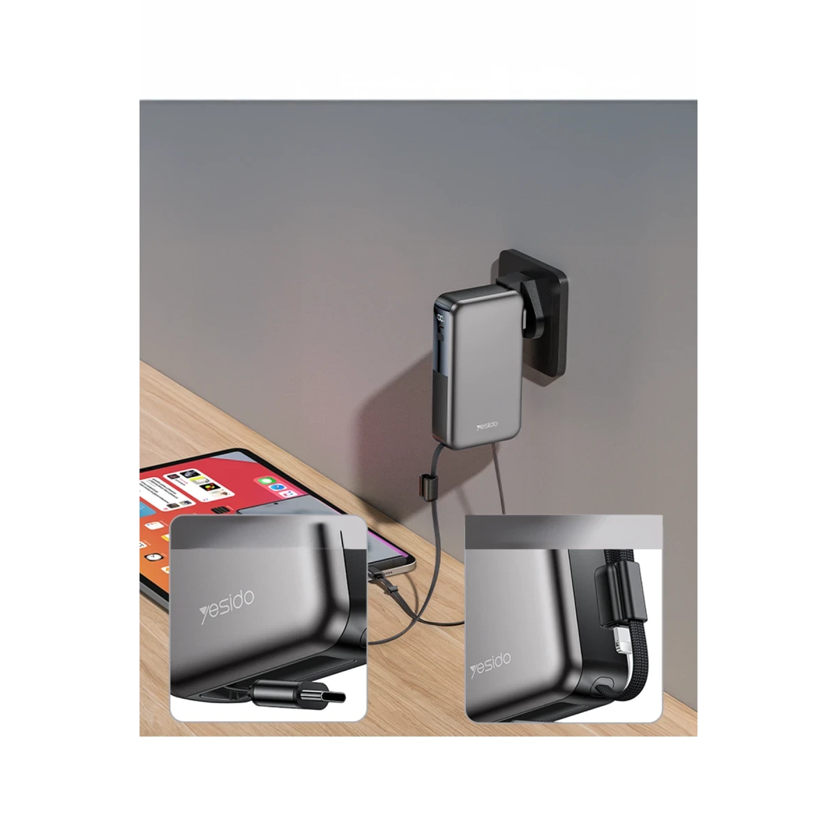 Yesido YP90E Dijital Göstergeli 10.000 mAh 22.5W PD Hızlı Şarj Destekli Dahili Type C ve Lightning Kablolu 5in1 Powerbank - Siyah
