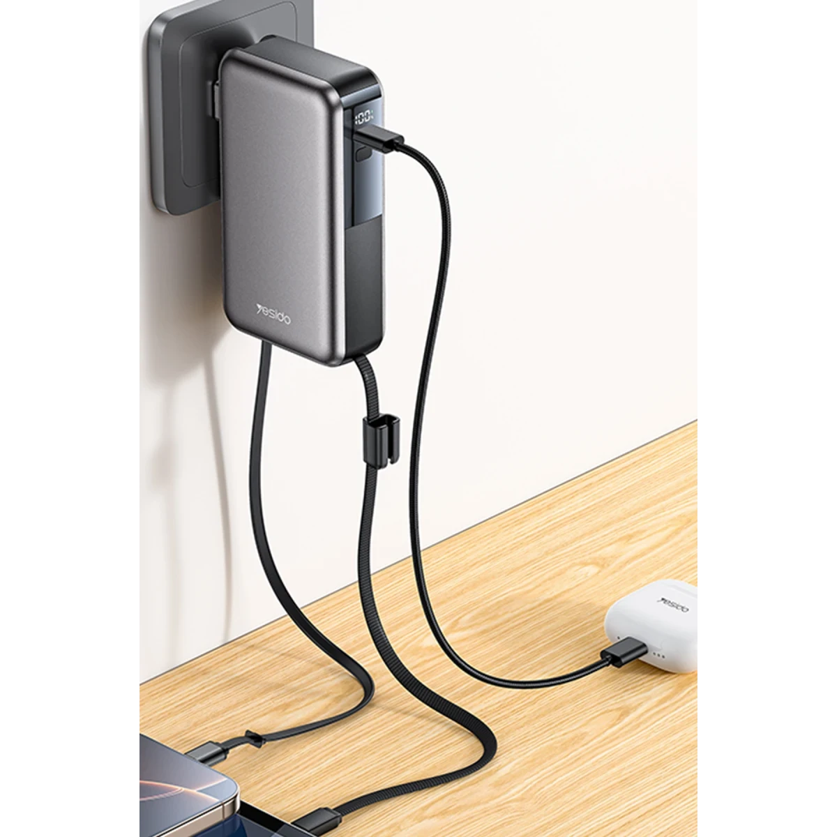 Yesido YP90E Dijital Göstergeli 10.000 mAh 22.5W PD Hızlı Şarj Destekli Dahili Type C ve Lightning Kablolu 5in1 Powerbank - Siyah