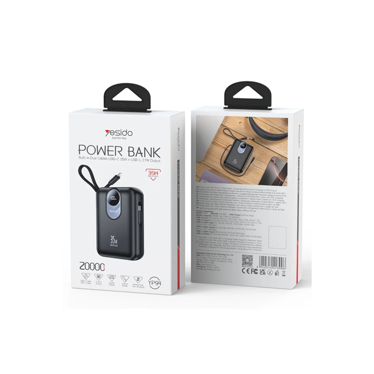 Yesido YP94 Dijital Göstergeli 20.000 mAh 35W Hızlı Şarj Destekli Çift Kablolu Powerbank - Siyah