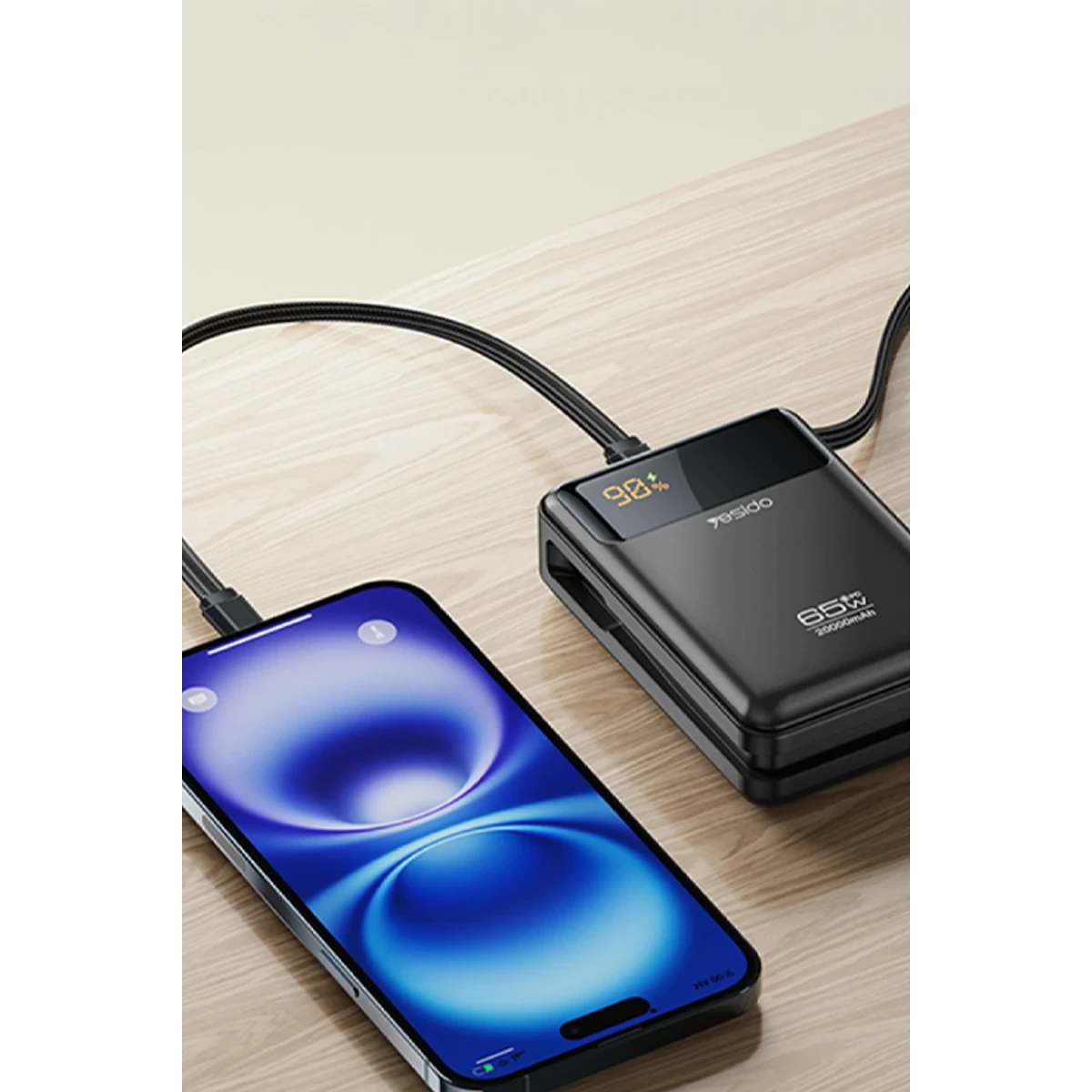Yesido YP97 Dijital Göstergeli 20.000 mAh 65W Hızlı Şarj Destekli Dahili Type C Kablolu Laptop Şarj Edebilir Powerbank - Siyah