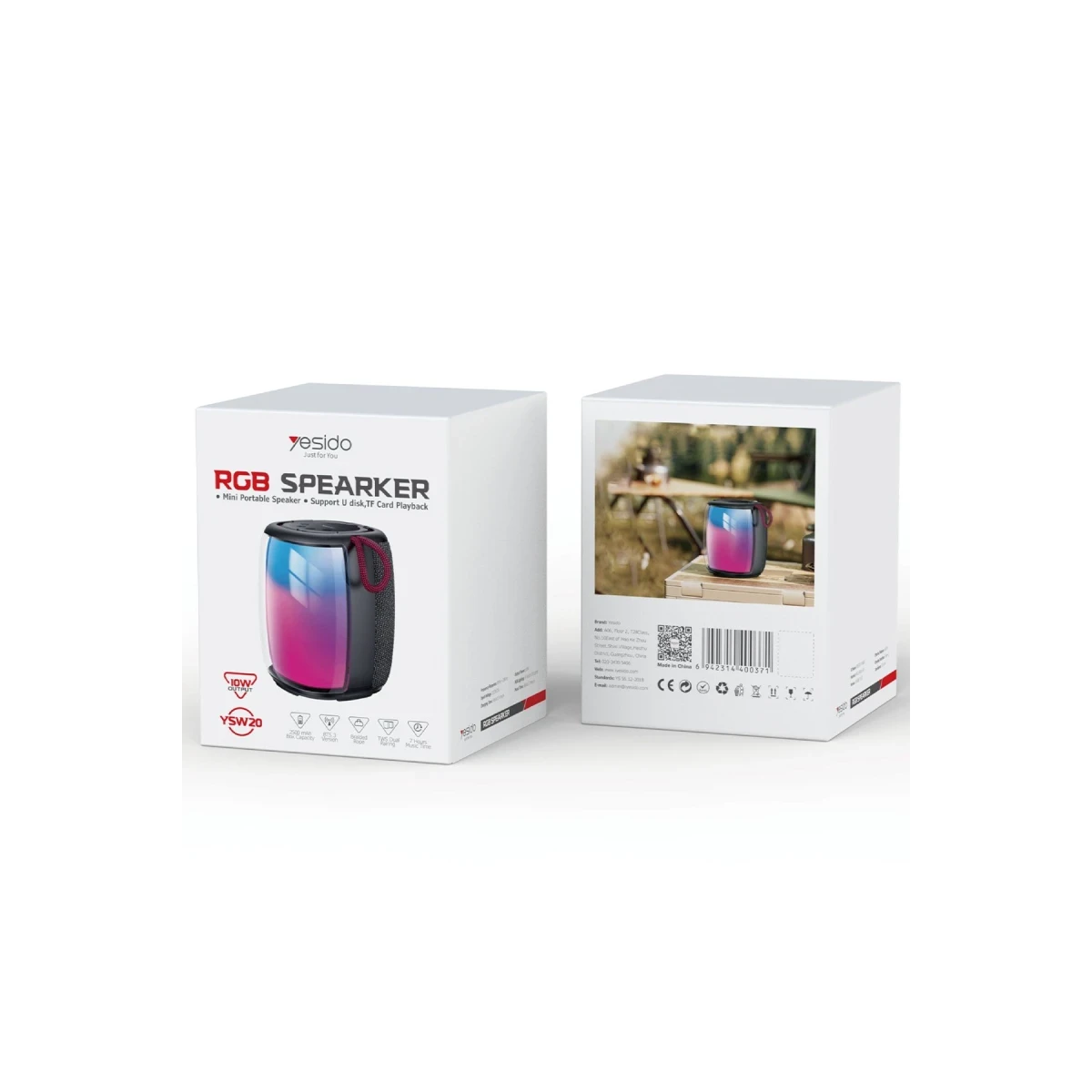 Yesido YSW20 10W Dahili Hoparlörlü 2500 mAh Bataryalı BT 5.3 RGB Kablosuz Mini Hoparlör - Siyah
