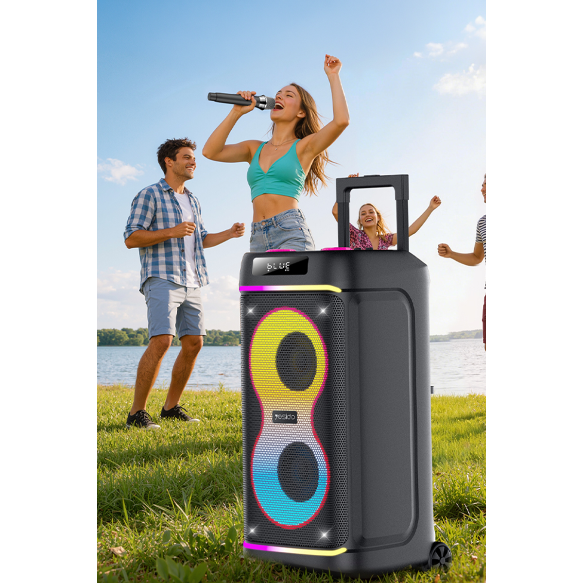 Yesido YSW44 Taşınabilir 60W Çift 8 Hoparlörlü RGB Işıklı Tekerlekli Bluetooth Hoparlör - Siyah